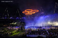 The Olympic Rings are illuminated above th stadium during the Opening Ceremony at the London 2012 Olympic Games.
