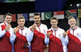 England's men's team win the gold medal at the 2014 Glasgow Commonwealth Games (Kristian Thomas, Sam Oldham, Louis Smith, Max Whitlock, Nile Wilson).