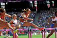 Jessica Ennis (Great Britain) competing in the hurdles race, the first event of the Heptathlon at the 2012 London Olympic Games.