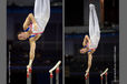 Two images taken using different lenses of Kristian Thomas (Great Britain) performing a Diamidov turn on the Rings during the 2009 London World Artistic Gymnastics Championships.
