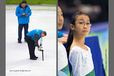 A double image of officials and volunteers working at the Figure Skating venue in Vancouver - on the left measuring the temperature of the ice before the start of the competition and on the right a flower girl waiting for her moment to collect the flowers and gifts from the ice.
