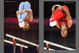 Max Whitlock and Danell Leyva (USA) perform double piked somersault dismounts from Parallel Bars during the men's competition of the Gymnastics event at the 2012 London Olympic Games.