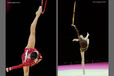 Lioubou Charkashina (Belarus) left and Viktoriya Mazur (Ukraine) right show perfect control of the Hoop while competing at the 2011 World Rhythmic Gymnastics Championships in Montpellier.