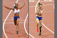 Mandy Francois-Elie (France)  left and Marie-Amelie le Fur right are delighted when they win the T37 and T44 100 metres races respectively during the Athletic competition at the London 2012 Paralympic Games.