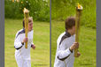 Local youth Ben Hope carries the Olympic Torch and Flame in the gardens of Chatsworth House in Derbyshire during the Torch Relay.