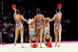 The group from Bulgaria competing at the World Rhythmic Gymnastics Championships in Montpellier.