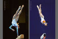 A double action image of Dina Kochetkova (Russia) left, frozen mid action and a blurred action image of a gymnast (right) performing a twisting dismount from the Balance Beam.
