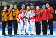 The team medallists for the Rhythmic Gymnastics competitions at the 2014 Glasgow Commonwealth Games (gold Canada, Silver Wales, bronze Malaysia).