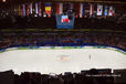 A general view of the Pacific Coliseum Ice Rink in Vancouver, venue for the Figure Skating competitions of the 2010 Winter Olympic Games, with two skaters waiting to compete as the previous skaters wait for their scores.