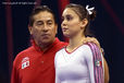 A cropped portrait image of Elsa Blancas Garcia Rodriguez (Mexico) and her coach as she prepares to compete.
