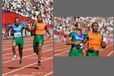 Lucas Prado and his guide Justino dos Santos Barbarosa (Brazil) competing in the heats of the 100 metres T11 during the Athletics competition of the London 2102 Paralympic Games.