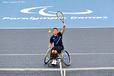 Gordon Reid (Great Britain) competing in the men's singles of the Wheelchair Tennis competition at the London 2012 Paralympic Games.