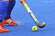 A cropped generic image of the logo on a Hockey ball during a game at the London 2012 Olympic Games.