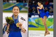 A double image of Korea's Yu Na Kim with her gold medal (left) and performing a difficult triple axel jump (right).