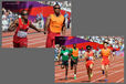 Blind athletes (David Brown USA, Francis Rotawo Nigeria and Lei Xue China), cross the finishing line ahead of their guides during the 100 metres T11 race of the Athletics competition at the London 2012 Paralympic Games.