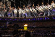 The Olympic Flame is lit and a firework display takes place during the Opening Ceremony at the London 2012 Olympic Games.