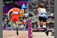 Juan Wang (China) left and Sophie Kamlish (Great Britain) right, compete in the 100 metres T44 event in the Athletic competition at the London 2012 Paralympic Games.