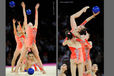 The group from Uzbekhistan competing at the World Rhythmic Gymnastics Championships in Montpellier.