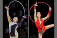 Cropped action images of Melitina Staniouta (Belarus) left and Neta Rivkin (Israel) right competing with Hoop at the World Rhythmic Gymnastics Championships in Montpellier.