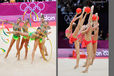 The group from Russia winners of the gold medal compete with Hoops and Ribbons and with five Balls during the Rhythmic Gymnastics competition of the London 2012 Olympic Games.
