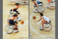 A blurred motion image of women's wheelchair Basketball at the London 2012 Paralympic Games.
