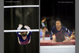 A double image of Becky Downie (Great Britain) missing an aerial move on the high bar and landing on the safety mat while competing on asymmetric bars at the 2010 European Gymnastics Championships in Birmingham