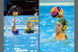 Jane Moran (Australia) tries to block a Russian shot at goal (left) and Ash Southern retaliates in their Water Polo match at the London 2012 Olympic Games.