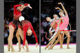 The groups from Azerbaijan (left) and Switzerland (right) in action at the World Rhythmic Gymnastics Championships in Montpellier.