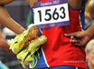 A cropped generic image of the spiked running shoes of Felix Sanchez (Dominican Republic) at the London 2012 Olympic Games.