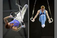 A double page image of two male gymnasts Yuri Chechi (Italy) and Tomi Tuuha (Finland) competing on the Rings at the 1995 Sabae World Gymnastics Championships and the 2009 Glasgow Grand Prix respectively.