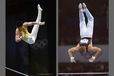 A double image of gymnasts Huang Liping (China) left and Alexei Nemov (Russia) right, competing on the High Bar at the 1996 Atlanta Olympic Games and the 2000 Sydney Olympic Games respectively.