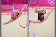 Spectacular leaps performed by Aliya Garayeva (Azerbaijan) left and Frankie Jones (Great Britain) right during the Rhythmic Gymnastics event at the 2012 London Olympic Games.