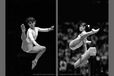 A double page image of Romanian gymnasts Mirela Sidon and Aurelia Dobre competing in the 1987 World Gymnastics Championships in Rotterdam.