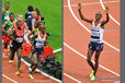 Mo Farrah (Great Britain) leads the 10000 metres at the 2012 London Olympic Games and celebrates victory.