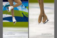 A double generic cropped image of the skating boots and feet of female skaters performing a jump while competing in the 2010 Winter Olympic Games.