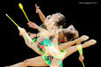 A multi exposure image of a gymnast competing with Clubs at the World Rhythmic Gymnastics Championships in Montpellier.
