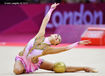 Yeon Jae Son (Korea) at the end of her routine with Ball during the Rhythmic Gymnastics competition at the 2012 London Olympic Games.