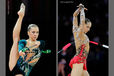 Sylviya Miteva (Bulgaria) competing with Ribbon and Clubs at the World Rhythmic Gymnastics Championships in Montpellier.