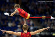 The British Champions in Sports Acrobatics men's Pair put on a display at the 2009 London World Artistic Gymnastics Championships.