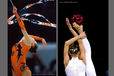 A double image of Rhythmic gymnasts showing great control over their apparatus as they compete - Helen Asmus (Germany) left and Olga Gontar (Belarus) right.