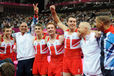 The British men's team celebrate winning the bronze medal at the end of the team competition during the Artistic Gymnastics competition of the London 2012 Olympic Games.