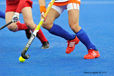 A generic image of a Dutch player on the attack during the Japan versus Netherlands Women's Hockey match at the 2012 London Olympic Games.