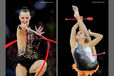 Cropped action images of Ganna Rizatdinova (Ukraine) competing with Ribbon and Hoop at the 2011 World Rhythmic Gymnastics Championships in Montpellier.