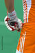 A cropped generic image of the hand, glove and stick of a Dutch player as she waits to go on the pitch for the final at the 2010 Women's World Cup Hockey Tournament in Nottingham.