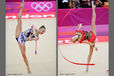 Melitina Staniouta (Belarus) left and Joanna Mitrosz (Poland) right demonstrate perfect balance and suppleness while competing in the Rhythmic Gymnastics competition of the London 2012 Olympic Games.