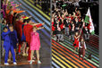 Performers at the Opening Ceremony of the 2014 Glasgow Commonwealth Games and the team from Wales with flag bearer Frankie Jones.