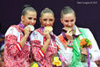 Evgeniya Kanaeva, Daria Dmitrieva (Russia) and Lioubou Charkashyna (Belarus) with their medals from the all around of the Rhythmic Gymnastics event at the 2012 London Olympic Games.