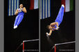 A double image of Reiss Beckford (Great Britain) performing a twisting dismount from the High Bar at the 2010 European Gymnastics Championships in Birmingham.