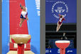 Emma White (Scotland) and Kelly Simm (England) competing on vault at the Gymnastics competition of the 2014 Glasgow Commonwealth Games.