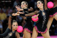 The group from Hungary competing at the World Rhythmic Gymnastics Championships in Montpellier.